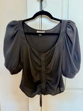 Topshop Black Scoop-Neck Puff Sleeve Button Blouse